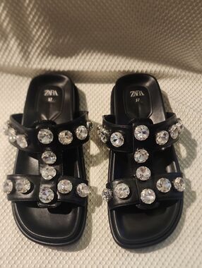 Zara Black Crystal-Embellished Slide Sandals